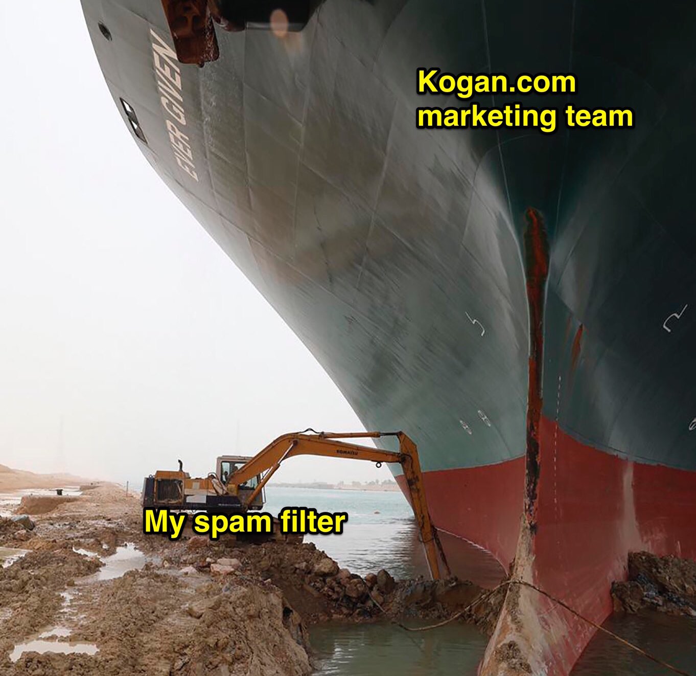 a satirical image showing the stranded supertanker depicted as Kogan marketing spam